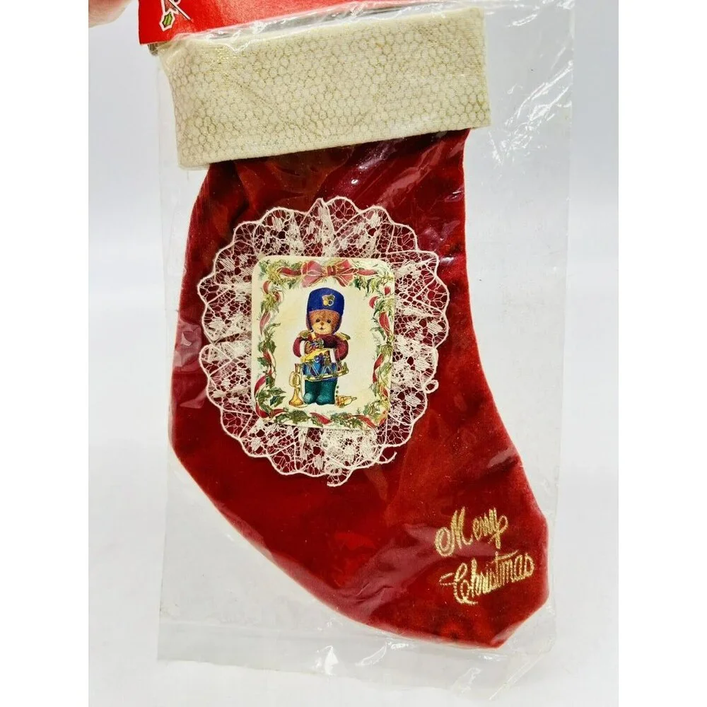 Miniature Christmas Stockings‎ Teddy Bears Red Velvet Lace SSCO Vintage Taiwan